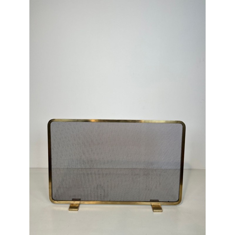 Modernist Brass Fireplace Screen with Op-Art Wave-Patterned Wire Mesh, French circa 1970
