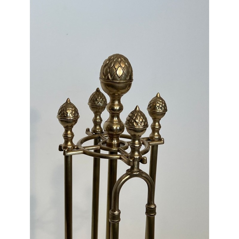 Nécessaire de Cheminée en Laiton aux Pommes de Pin, dans le Goût de la Maison Baguès, vers 1970