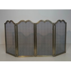 Neoclassical Brass and Wire Mesh Four-Panel Folding Fireplace Screen, Italian circa 1970