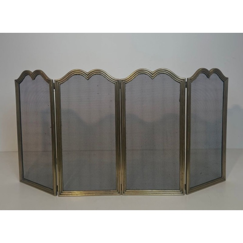 Neoclassical Brass and Wire Mesh Four-Panel Folding Fireplace Screen, Italian circa 1970