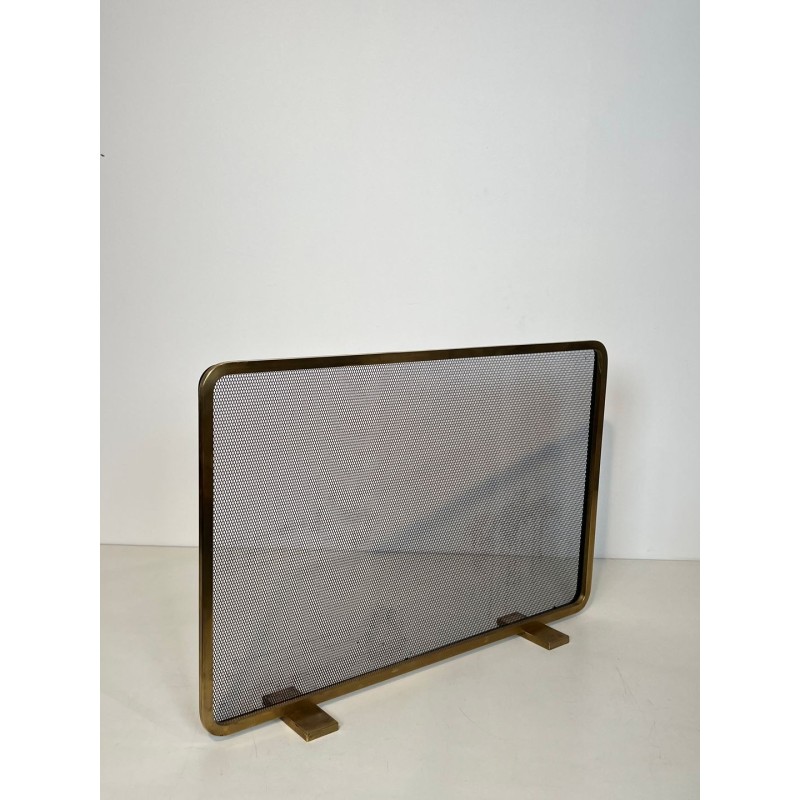 Modernist Brass Fireplace Screen with Op-Art Wave-Patterned Wire Mesh, French circa 1970