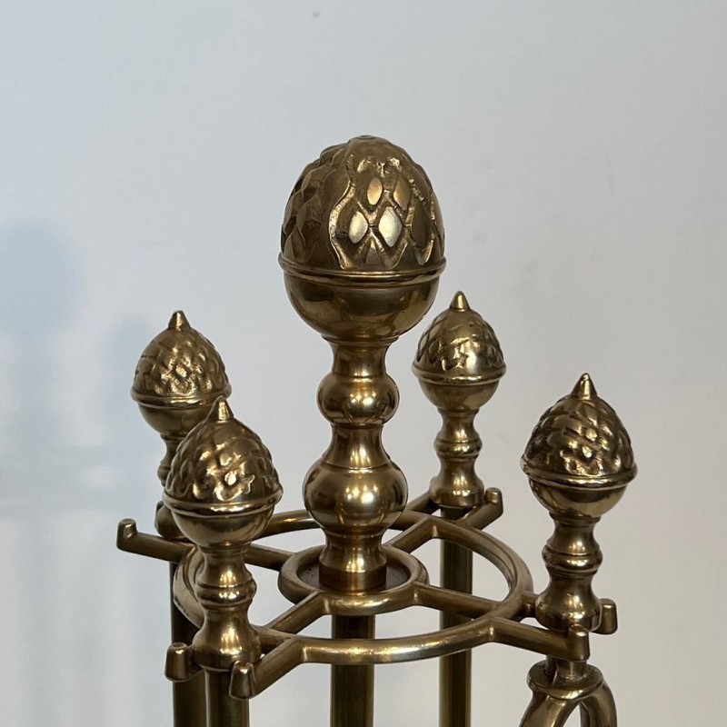 Neoclassical Brass Fireplace Companion Set with Pine Cone Finials, in the Style of Maison Baguès, circa 1970