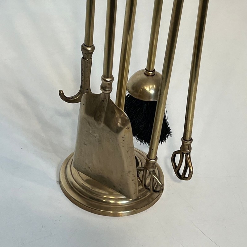 Neoclassical Brass Fireplace Companion Set with Pine Cone Finials, in the Style of Maison Baguès, circa 1970