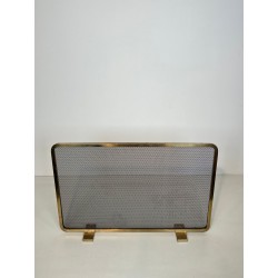 Modernist Brass Fireplace Screen with Op-Art Wave-Patterned Wire Mesh, French circa 1970