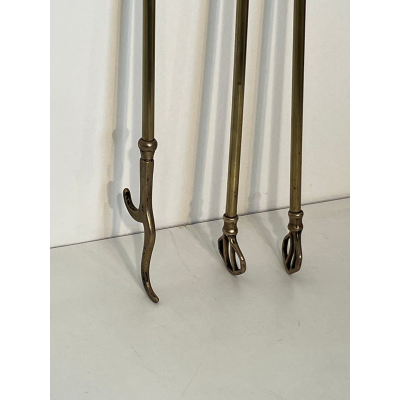 Nécessaire de Cheminée en Laiton aux Pommes de Pin, dans le Goût de la Maison Baguès, vers 1970