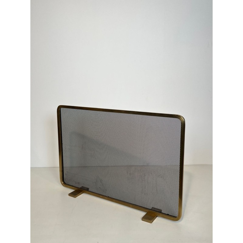 Modernist Brass Fireplace Screen with Op-Art Wave-Patterned Wire Mesh, French circa 1970