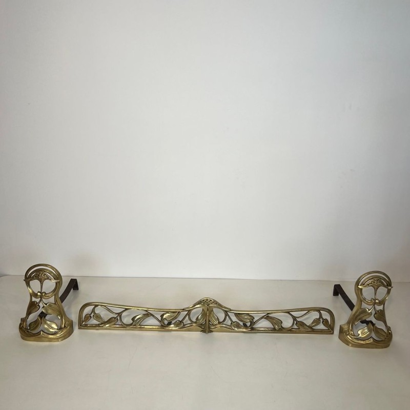 Paire de Chenets Art Nouveau en Bronze à Décors de Fleurs et Feuillages, vers 1900