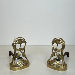 Pair of Art Nouveau Bronze Andirons with Flowers and Foliage, French circa 1900