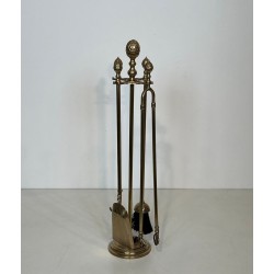 Nécessaire de Cheminée en Laiton aux Pommes de Pin, dans le Goût de la Maison Baguès, vers 1970