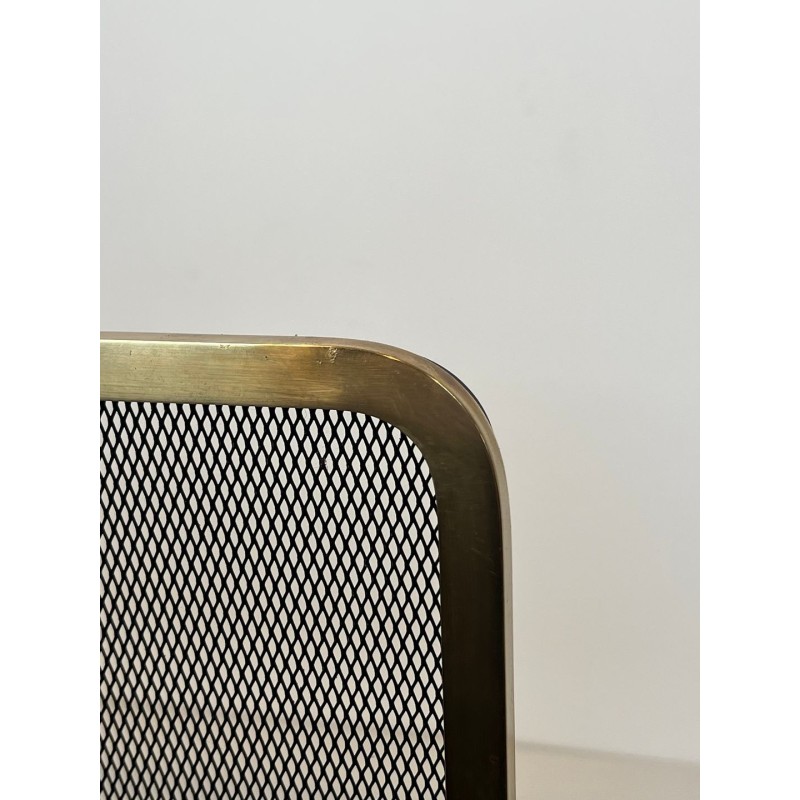 Modernist Brass Fireplace Screen with Op-Art Wave-Patterned Wire Mesh, French circa 1970