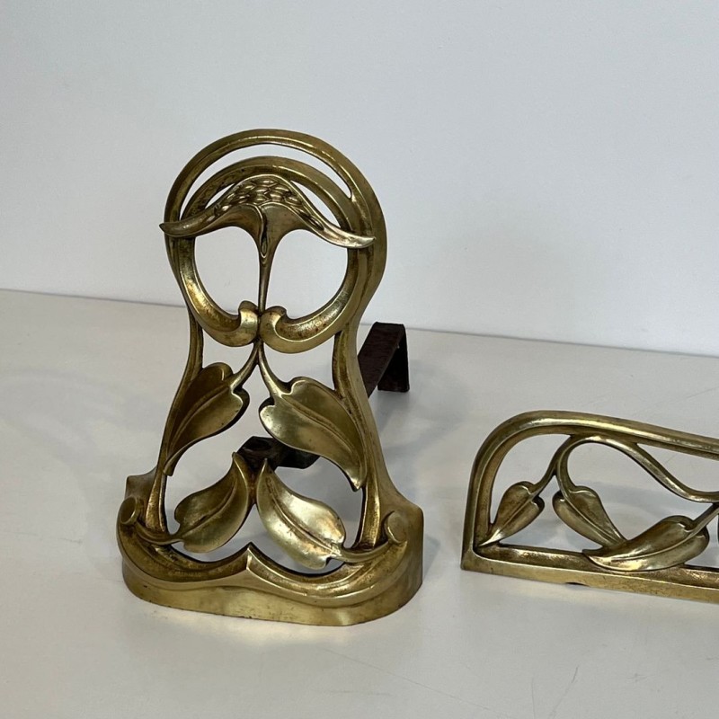 Paire de Chenets Art Nouveau en Bronze à Décors de Fleurs et Feuillages, vers 1900