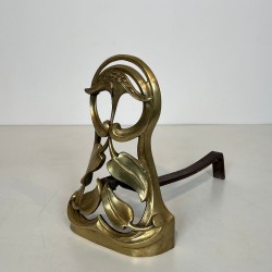 Pair of Art Nouveau Bronze Andirons with Flowers and Foliage, French circa 1900