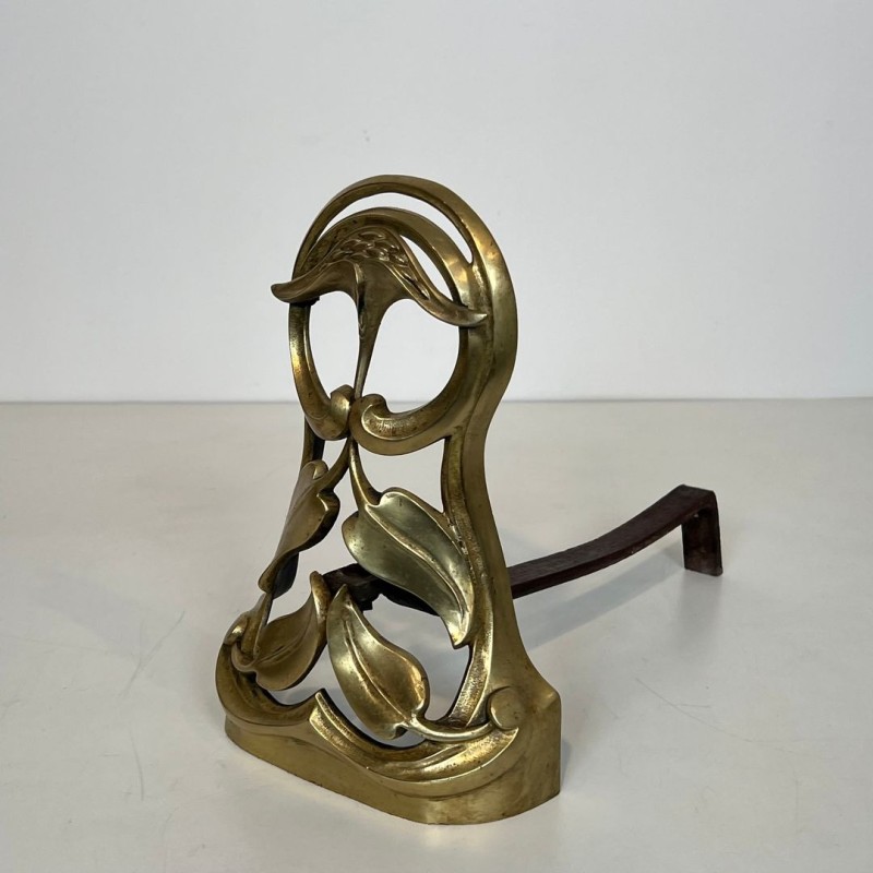 Pair of Art Nouveau Bronze Andirons with Flowers and Foliage, French circa 1900