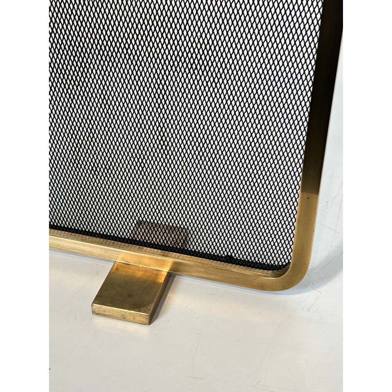 Modernist Brass Fireplace Screen with Op-Art Wave-Patterned Wire Mesh, French circa 1970