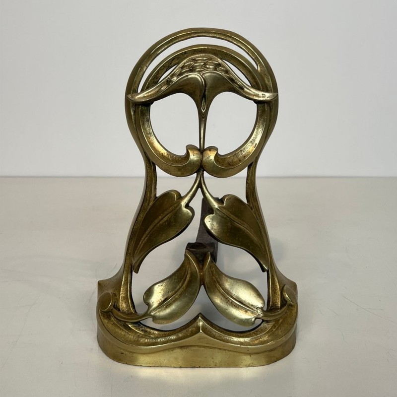 Paire de Chenets Art Nouveau en Bronze à Décors de Fleurs et Feuillages, vers 1900