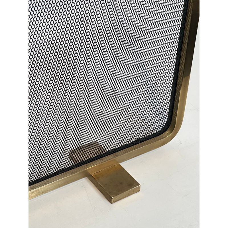 Modernist Brass Fireplace Screen with Op-Art Wave-Patterned Wire Mesh, French circa 1970