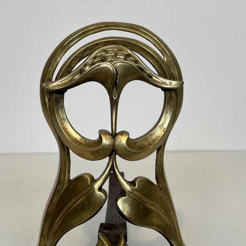 Pair of Art Nouveau Bronze Andirons with Flowers and Foliage, French circa 1900