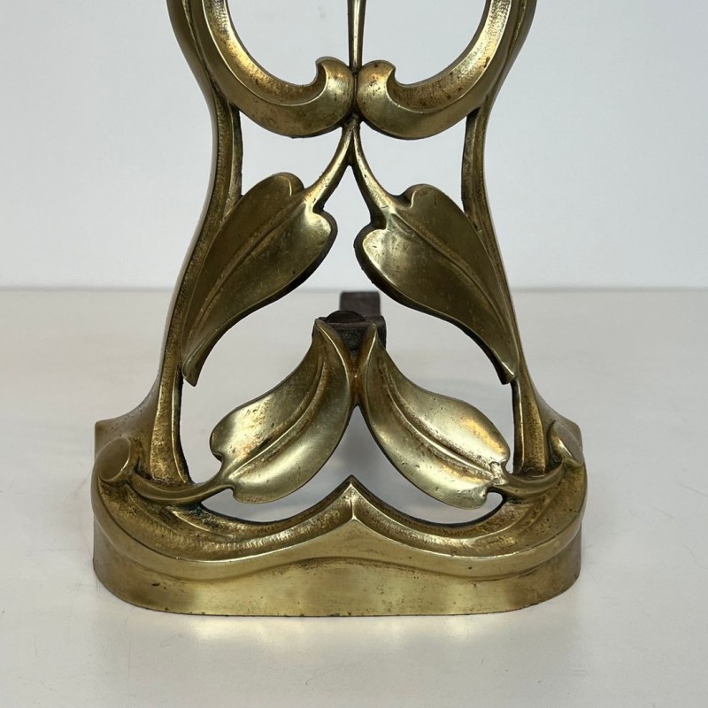 Pair of Art Nouveau Bronze Andirons with Flowers and Foliage, French circa 1900