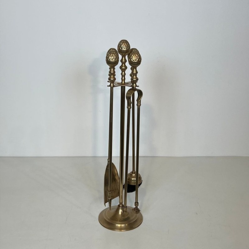 Nécessaire de Cheminée en Laiton aux Pommes de Pin, dans le Goût de la Maison Baguès, vers 1970