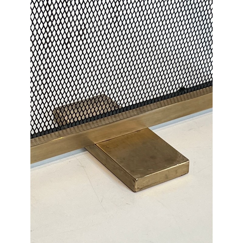 Modernist Brass Fireplace Screen with Op-Art Wave-Patterned Wire Mesh, French circa 1970