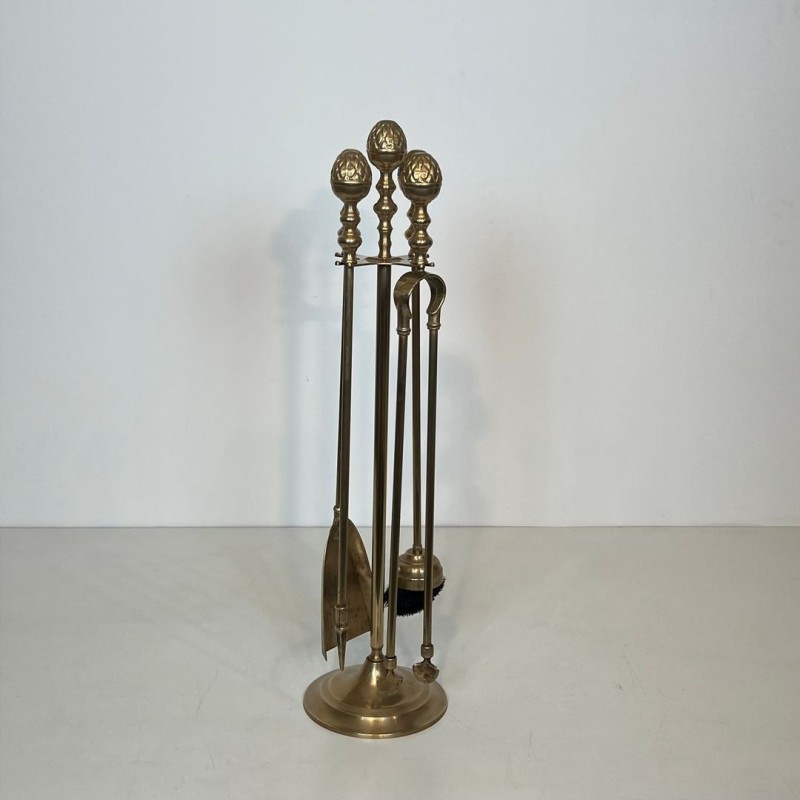 Neoclassical Brass Fireplace Companion Set with Pine Cone Finials, in the Style of Maison Baguès, circa 1970