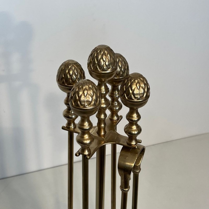 Nécessaire de Cheminée en Laiton aux Pommes de Pin, dans le Goût de la Maison Baguès, vers 1970