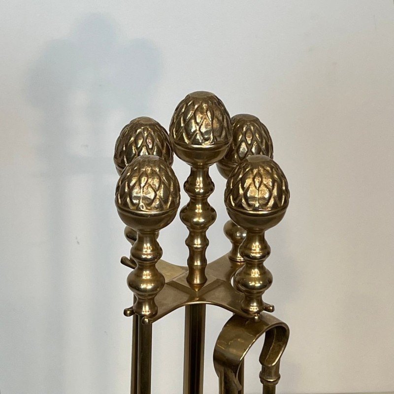 Neoclassical Brass Fireplace Companion Set with Pine Cone Finials, in the Style of Maison Baguès, circa 1970