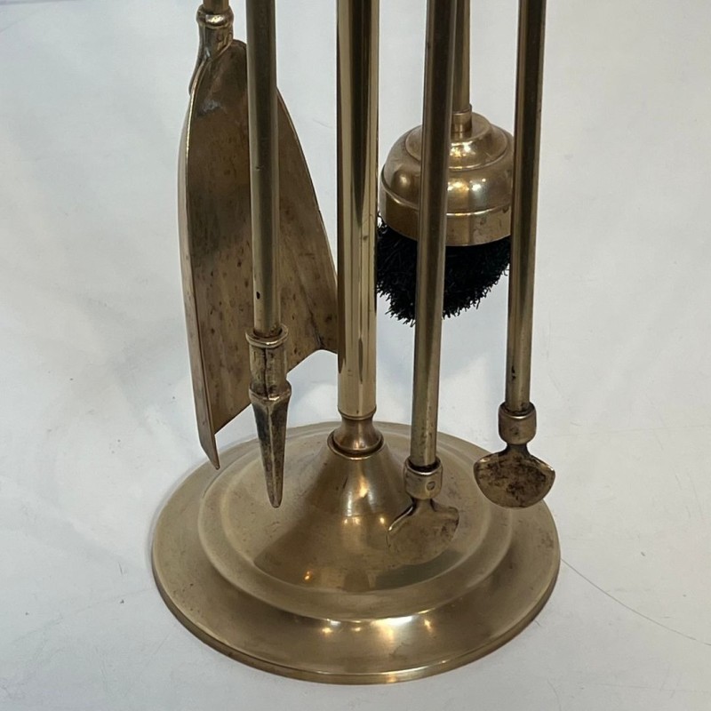 Neoclassical Brass Fireplace Companion Set with Pine Cone Finials, in the Style of Maison Baguès, circa 1970