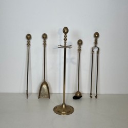 Neoclassical Brass Fireplace Companion Set with Pine Cone Finials, in the Style of Maison Baguès, circa 1970