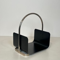 Modernist Black Lacquered Metal and Chrome Log Holder with Arch Handle, French circa 1970