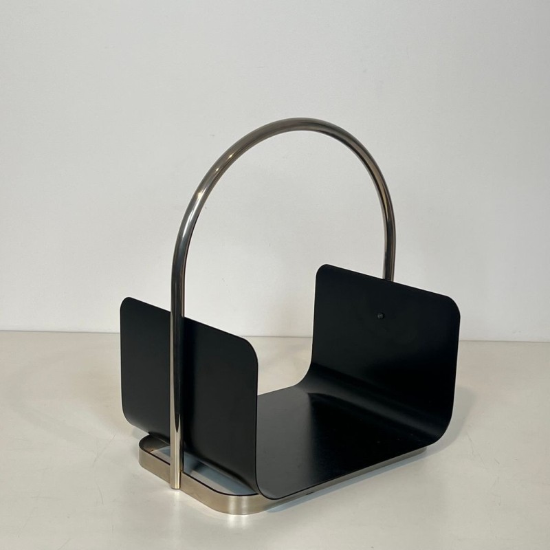Porte-Bûches Moderniste en Métal Laqué Noir et Chrome à Anse Arquée, vers 1970