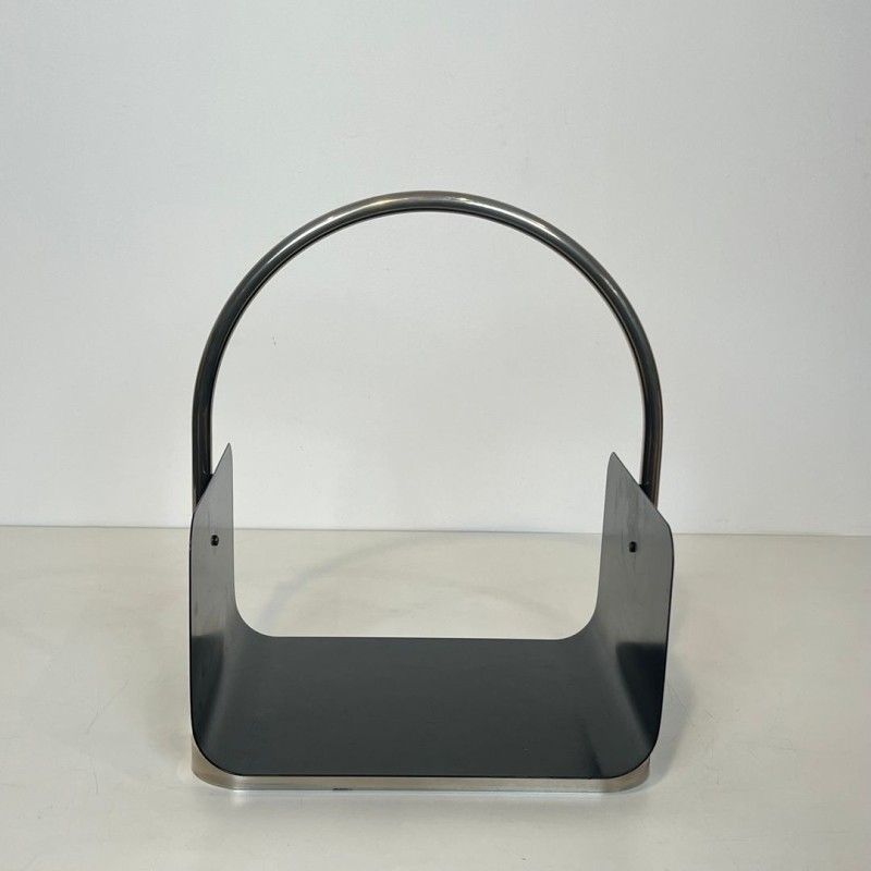 Modernist Black Lacquered Metal and Chrome Log Holder with Arch Handle, French circa 1970