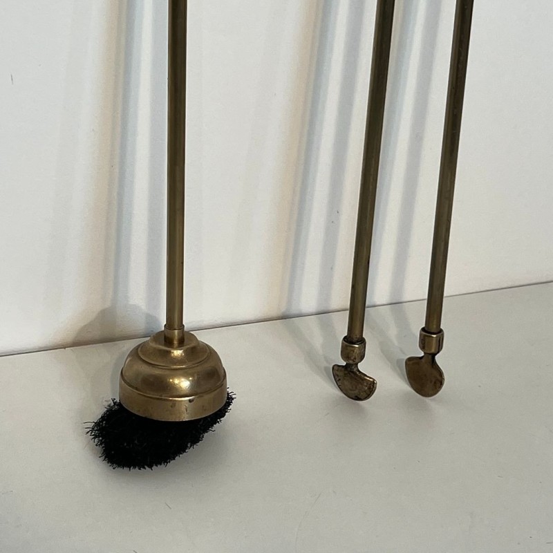 Neoclassical Brass Fireplace Companion Set with Pine Cone Finials, in the Style of Maison Baguès, circa 1970