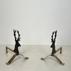 Paire de Chenets en Acier Laqué Noir et Laiton à Tête de Cerf, vers 1970
