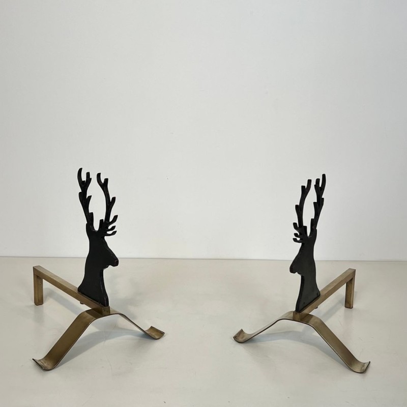 Pair of Black Lacquered Steel and Brass Stag Head Andirons, French circa 1970