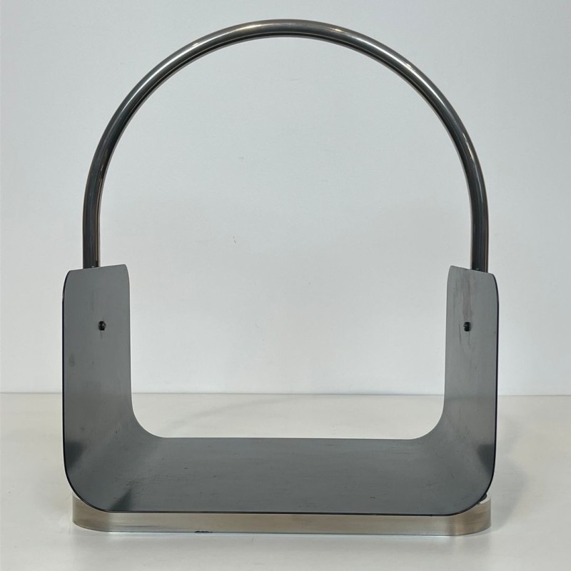 Modernist Black Lacquered Metal and Chrome Log Holder with Arch Handle, French circa 1970