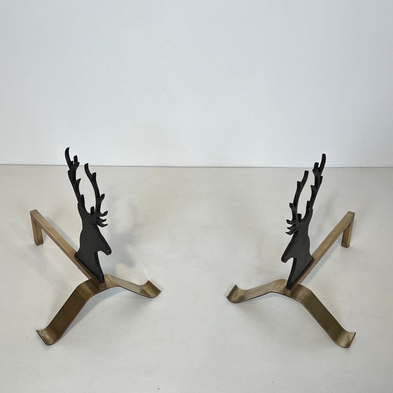 Pair of Black Lacquered Steel and Brass Stag Head Andirons, French circa 1970
