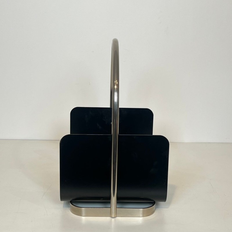 Porte-Bûches Moderniste en Métal Laqué Noir et Chrome à Anse Arquée, vers 1970