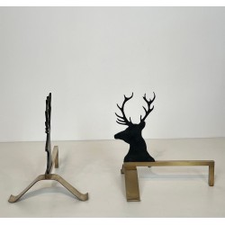 Pair of Black Lacquered Steel and Brass Stag Head Andirons, French circa 1970