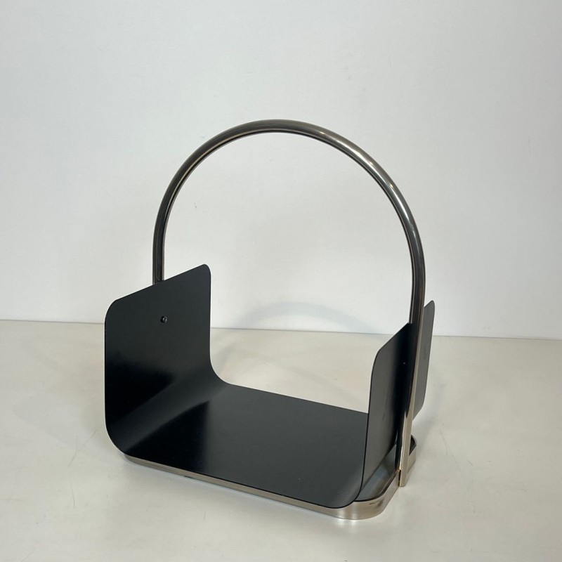 Modernist Black Lacquered Metal and Chrome Log Holder with Arch Handle, French circa 1970