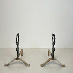 Pair of Black Lacquered Steel and Brass Stag Head Andirons, French circa 1970