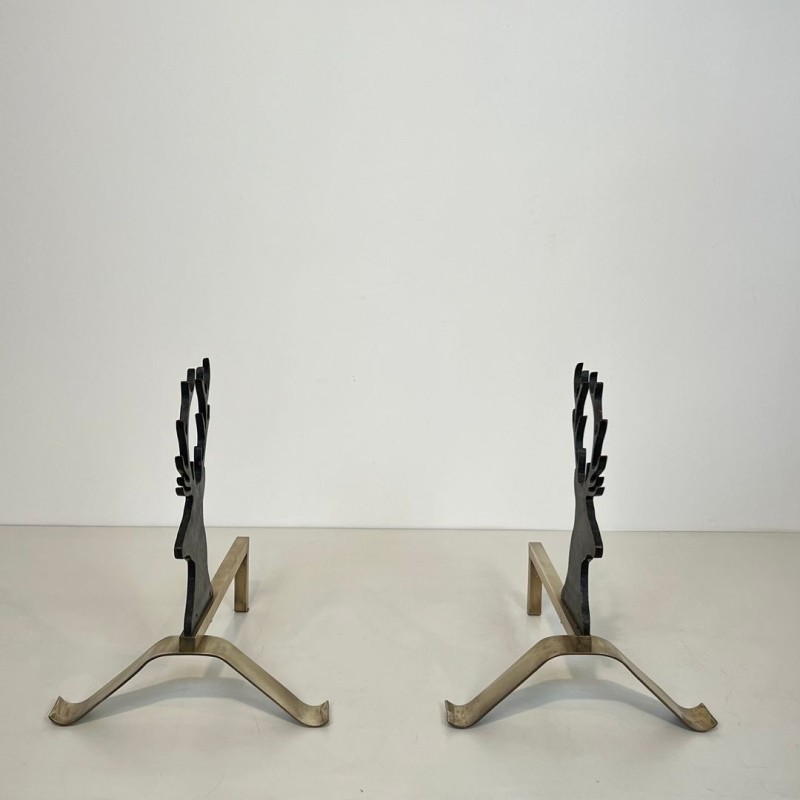 Paire de Chenets en Acier Laqué Noir et Laiton à Tête de Cerf, vers 1970
