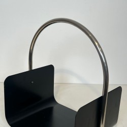 Porte-Bûches Moderniste en Métal Laqué Noir et Chrome à Anse Arquée, vers 1970