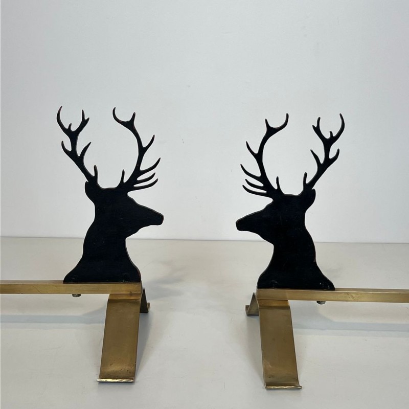 Paire de Chenets en Acier Laqué Noir et Laiton à Tête de Cerf, vers 1970