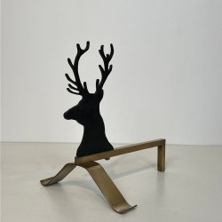 Pair of Black Lacquered Steel and Brass Stag Head Andirons, French circa 1970