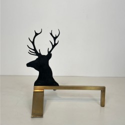 Pair of Black Lacquered Steel and Brass Stag Head Andirons, French circa 1970