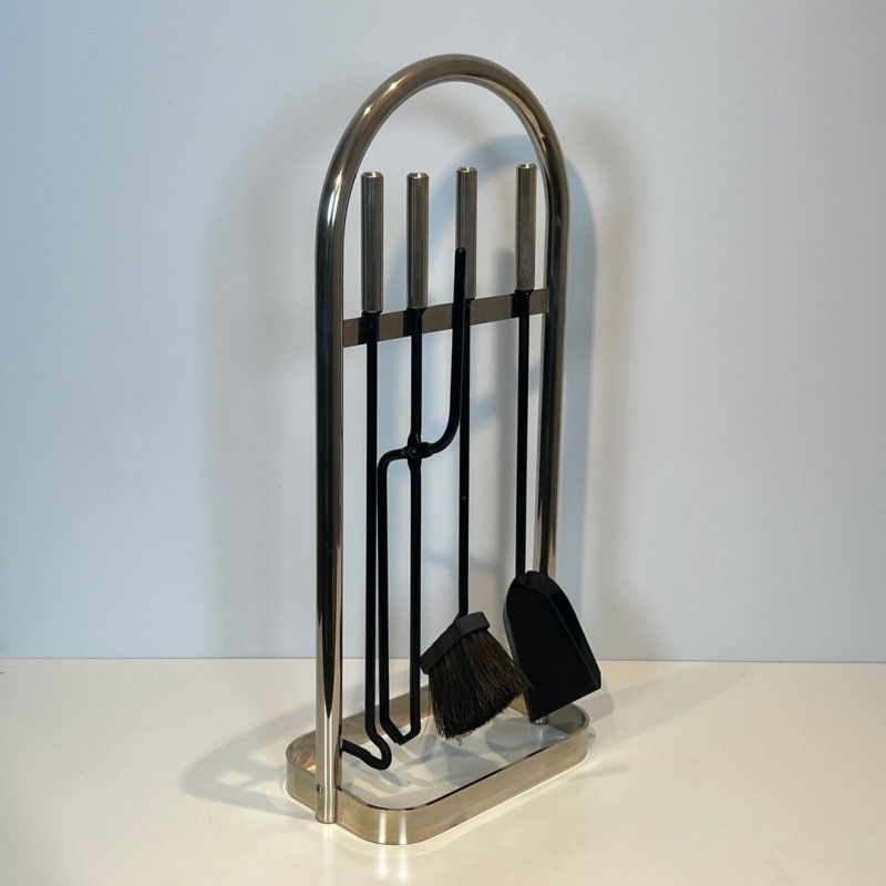 Nécessaire de Cheminée Moderniste en Métal Laqué Noir et Chrome, Cadre Arqué, vers 1970