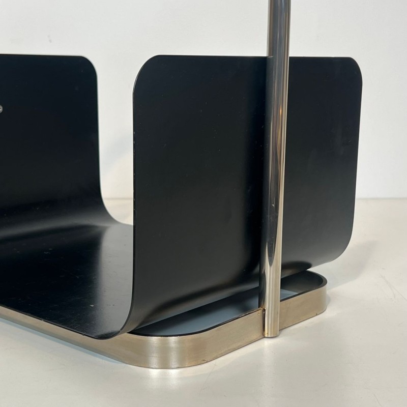 Porte-Bûches Moderniste en Métal Laqué Noir et Chrome à Anse Arquée, vers 1970