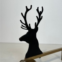 Pair of Black Lacquered Steel and Brass Stag Head Andirons, French circa 1970