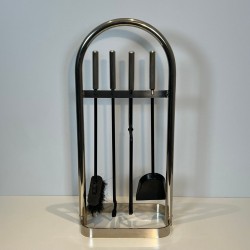 Modernist Black Lacquered and Chrome Fireplace Companion Set in Arch-Frame Stand, French circa 1970